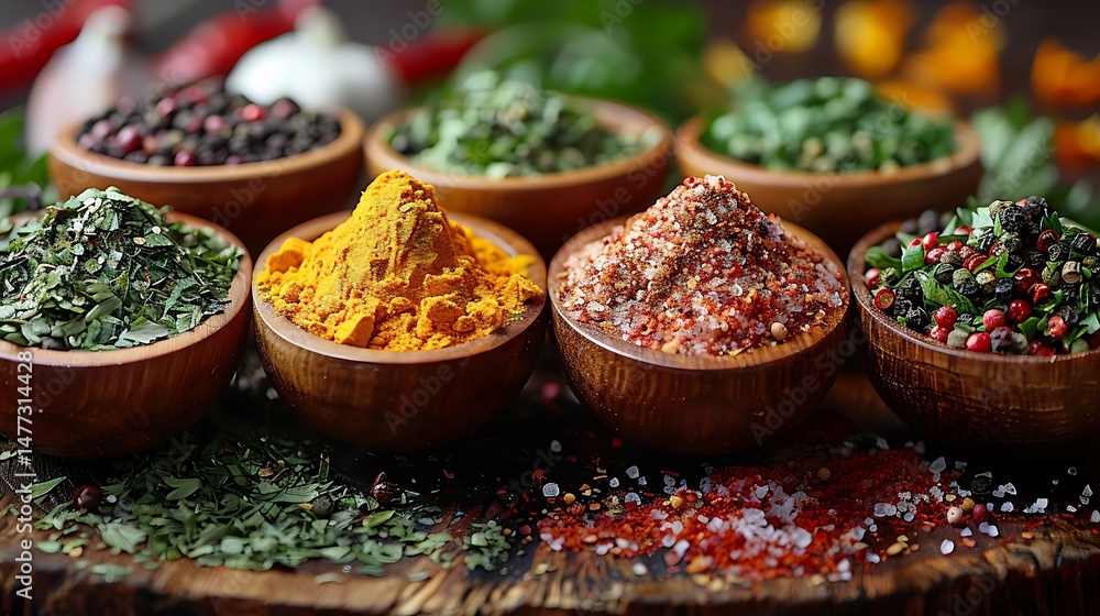 Fototapeta premium Aromatic Spice Collection in Rustic Bowls, Vibrant Culinary Herbs and Spices, Flavorful Seasoning Blend