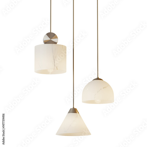 Three white light bulbs hanging from a ceiling