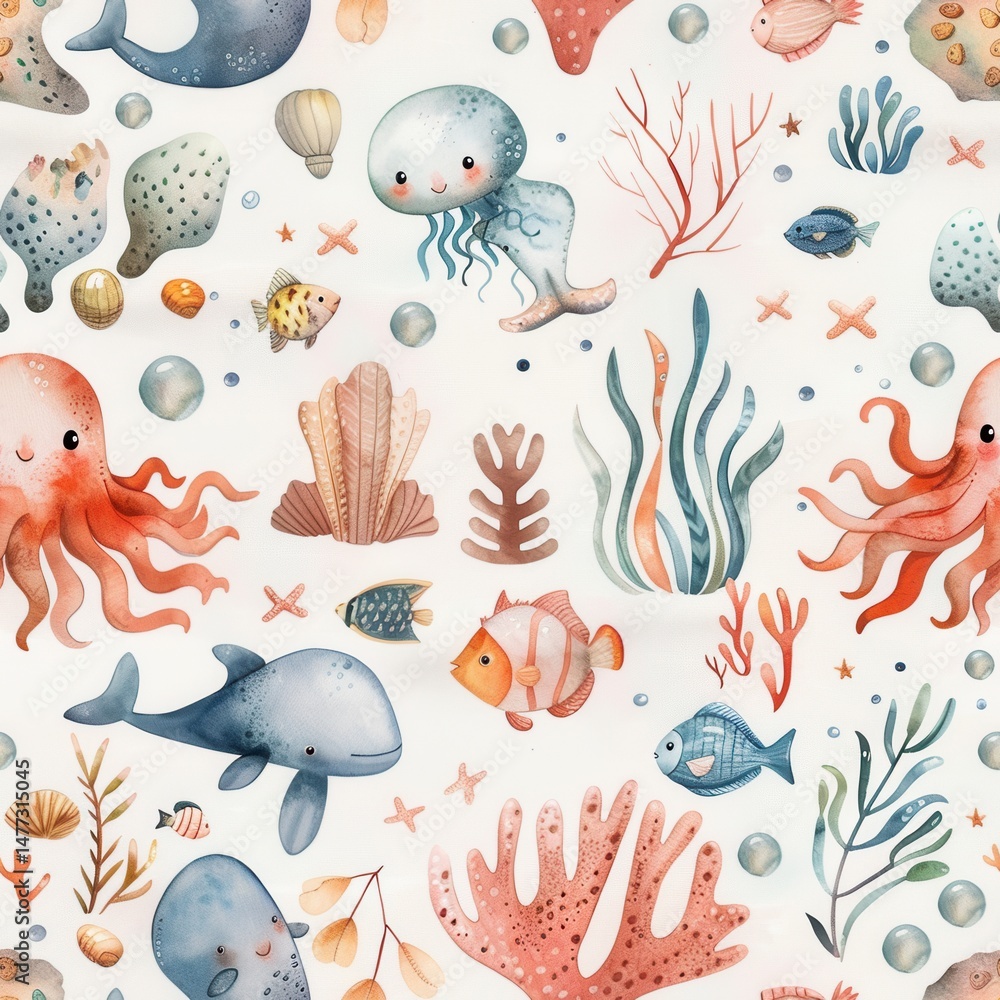 Naklejka premium seamless pattern of cute cartoon fish, jellyfish, starfish, and sea plants, bright pastel colors, underwater world theme