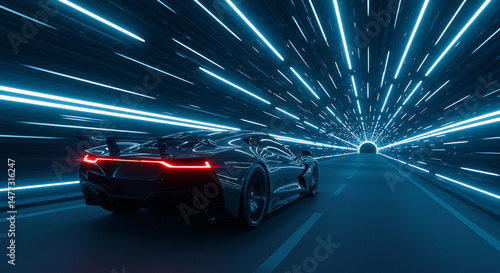 Futuristic Silver Sports Car with Glowing Blue Neon Accents Parked in a Tunnel with Lines of Neon Lights