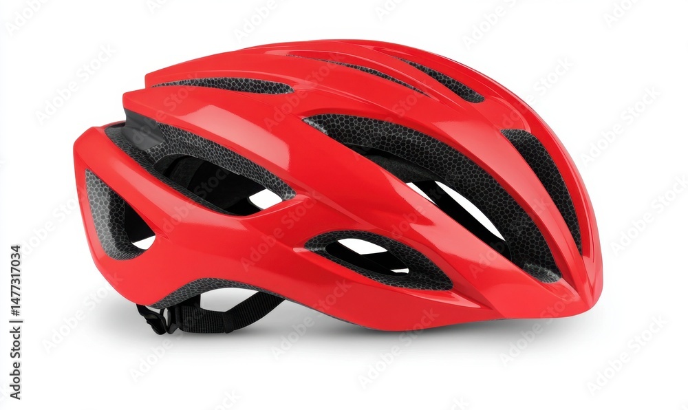 Fototapeta premium Red bicycle helmet, studio shot, safety gear, white background, cycling