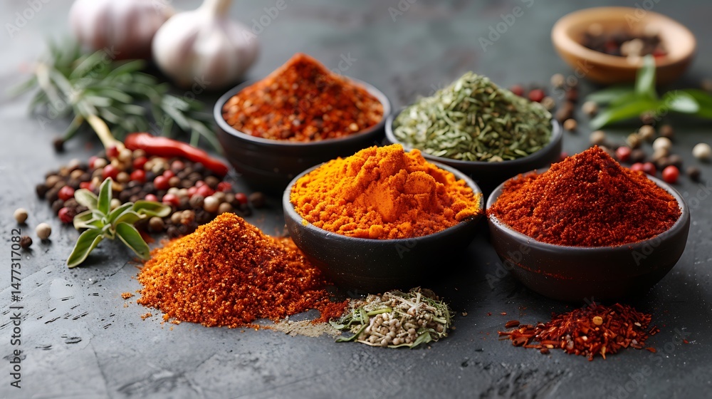 Fototapeta premium Vibrant Spices Collection: Turmeric, Paprika, Chili Powder, and Rosemary in Bowls