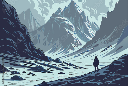 154 cinematic mountainous frozen landscape, lone figure standing in foreground, dramatic icy peaks in background, mist and fog, cold atmospheric lighting, digital art, high resolution, unreal engine