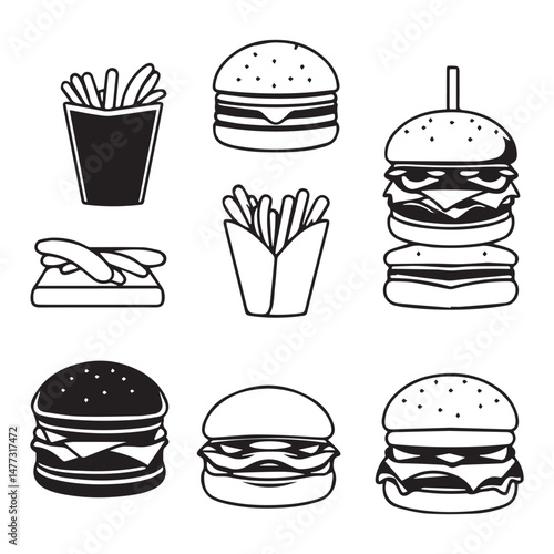 Black and White Fast Food Icons Isolated on Transparent PNG Background Ideal for Food Menu Designs or Restaurant Branding