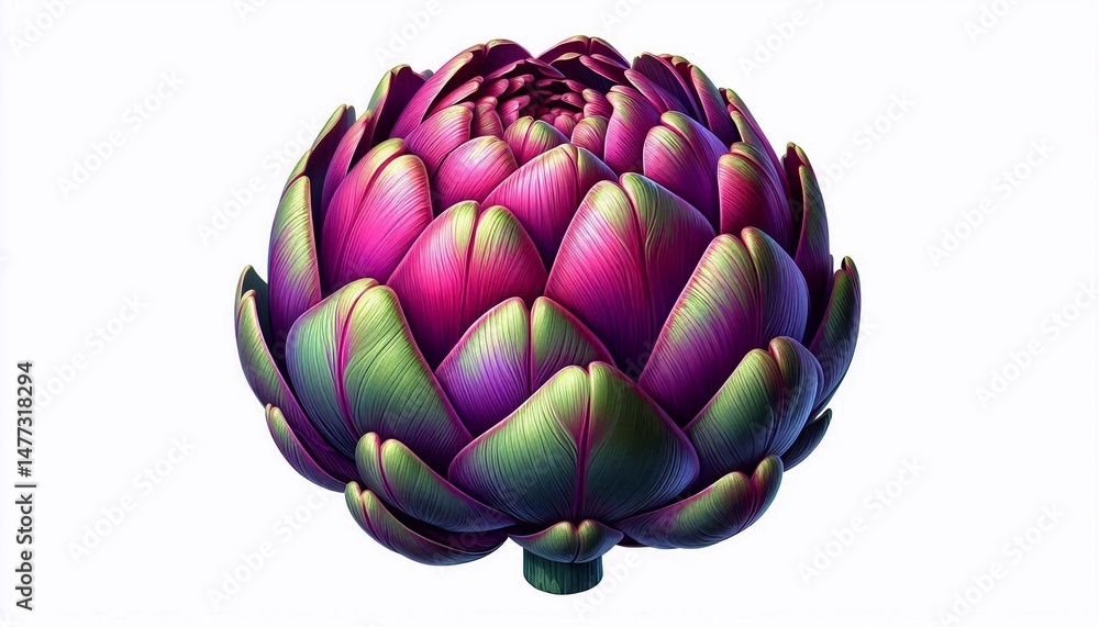 Fototapeta premium A vibrant artichoke isolated on a white background showing its appearance and texture.