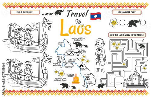 A fun placemat for kids. Printable “Travel to Laos” activity sheet with a labyrinth and find the differences. 17x11 inch printable vector file	