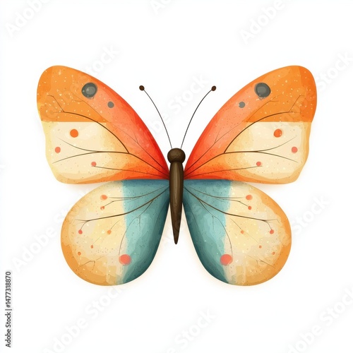 Colorful butterfly illustration with orange, cream, and teal wings on a white background.