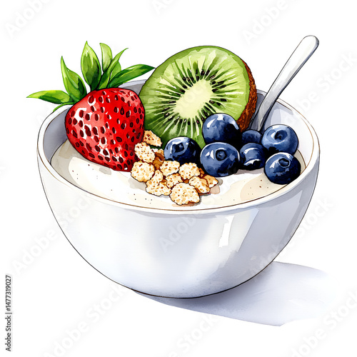 Yogurt parfait with fresh berries, kiwi, and granola in a white bowl, watercolor style. Healthy breakfast concept. Transparent background.