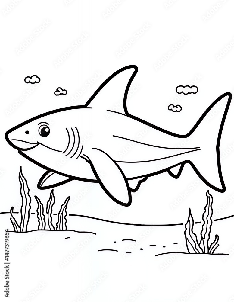 Fototapeta premium Simplified Shark Swimming Above Seaweed Line Art Illustration with Friendly Expression in Black and White Grayscale Coloring Page