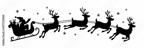 Silhouette of Santa and His Reindeer Pulling Sleigh on Christmas Eve with Sparkling Stars
