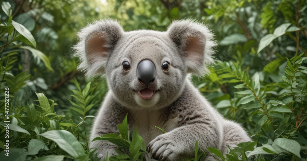Fototapeta premium Playful koala cub amidst green foliage repeating vector design , cub, animal, playful