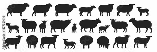 Silhouette Collection of Sheep in Various Poses, from Lambs to Full Grown Sheep in Black and White