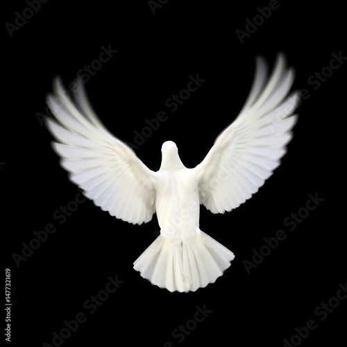 White Dove Flying with Wings Spread – Back View on Black Background – Glowing Line Art