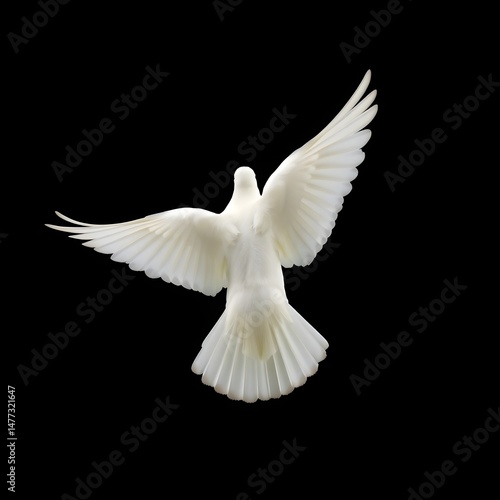 White Dove Flying with Wings Spread – Back View on Black Background – Glowing Line Art