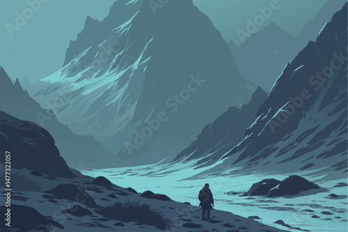 154 cinematic mountainous frozen landscape, lone figure standing in foreground, dramatic icy peaks in background, mist and fog, cold atmospheric lighting, digital art, high resolution, unreal engine