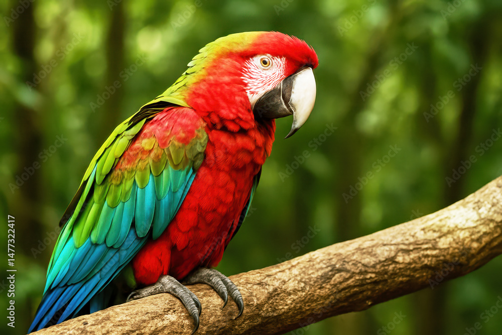 Fototapeta premium Vibrant scarlet macaw perched on branch in lush green jungle setting