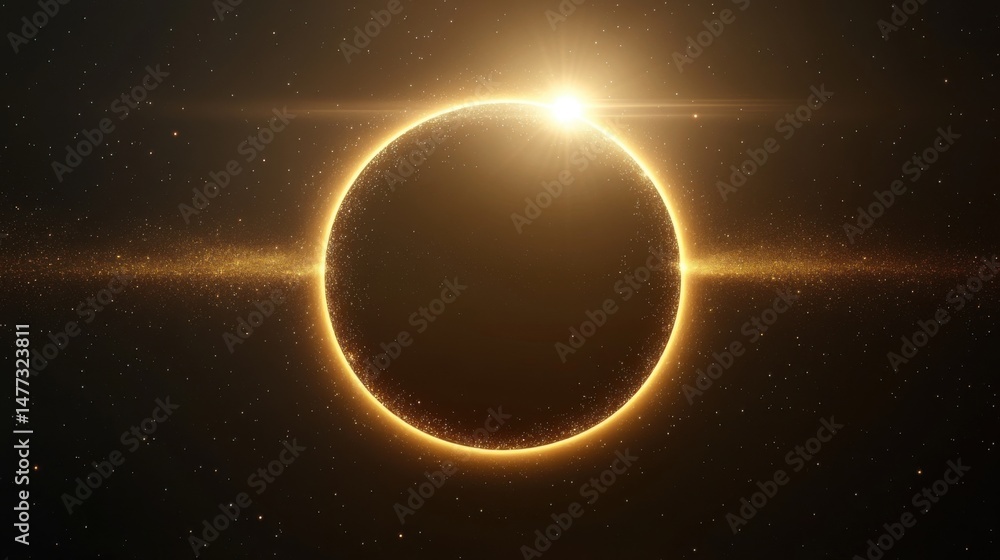 Fototapeta premium Abstract golden eclipse with glowing particles and stars, digital illustration, cosmic event, space background, bright light