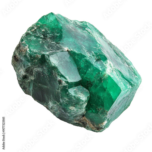 an uncut green emerald gemstone on a transparent background, emphasizing its raw texture, natural beauty, and crystalline structure
