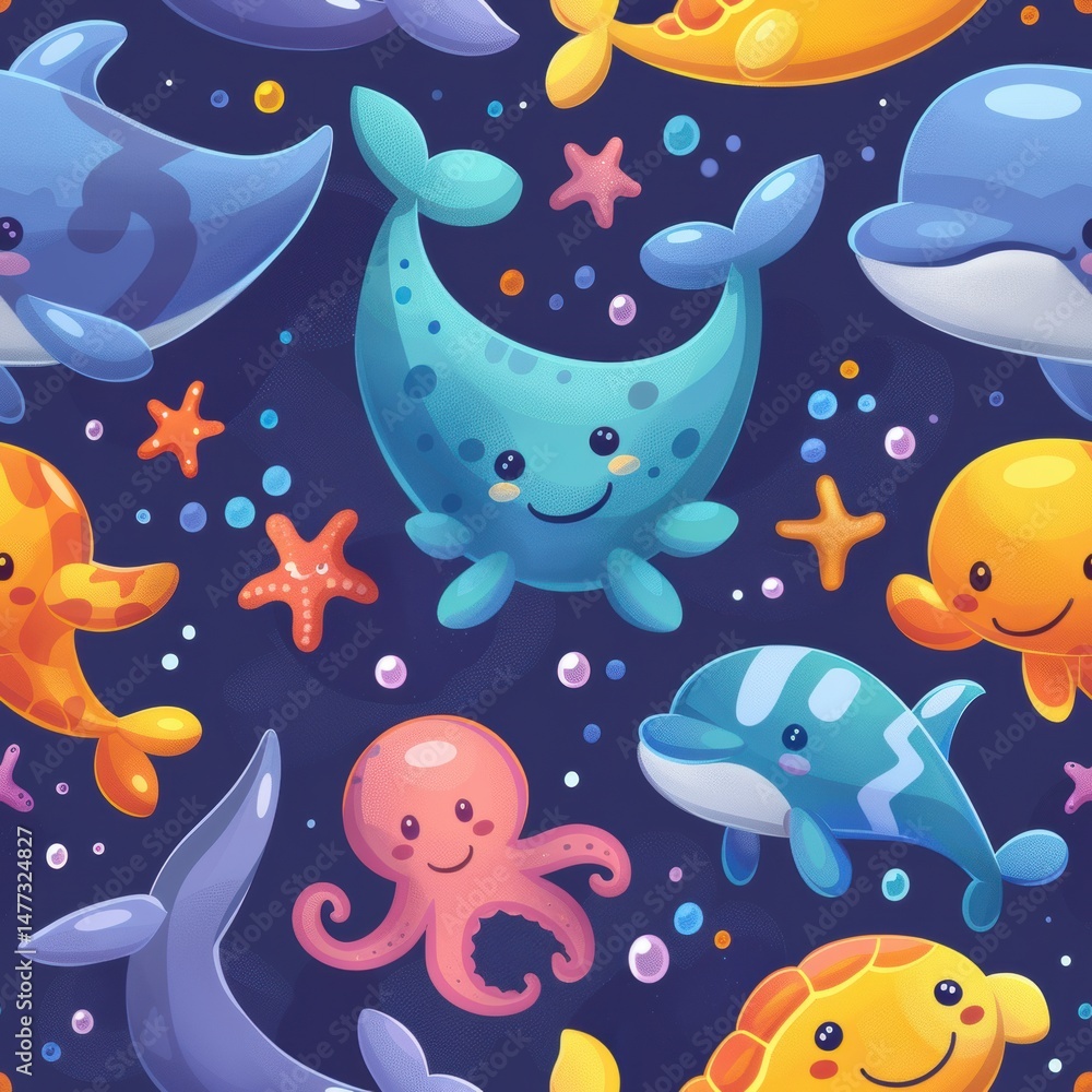 seamless pattern of cute cartoon fish, jellyfish, starfish, and sea plants, bright pastel colors, underwater world theme seamless pattern of cute cartoon fish, jellyfish, starfish, and sea plants, bright pastel colors, underwater world theme