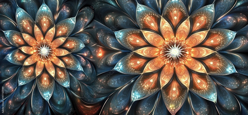 Fototapeta premium Abstract orange & blue fractal flowers, decorative art background