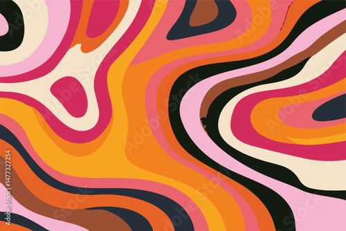Retro abstract vector illustration with wavy lines and organic shapes in orange, pink, burgundy, and beige colors. Vintage design, inspired by 70s patterns, perfect for creative backgrounds and decor.