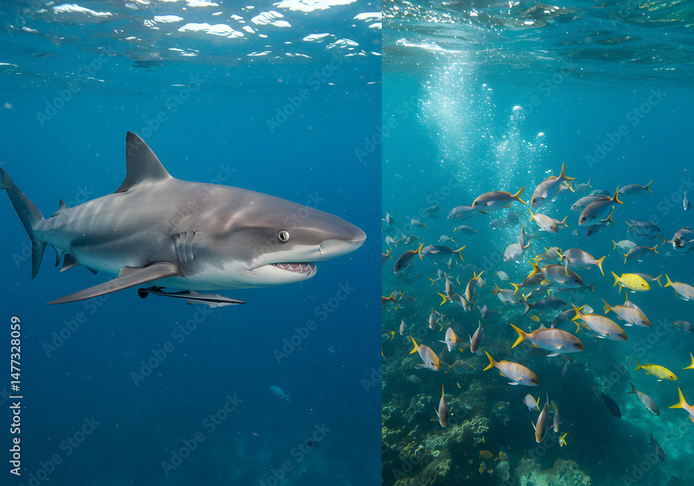 Naklejka premium Shark and fish underwater scene