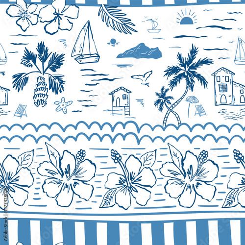 Blue tropical sea seamless pattern. Hand drawn sketch coastal background, cute palms, beach houses, sailboats, hibiscus flowers, stripes, ocean waves. Vector summer vacation wallpaper drawing in ink.