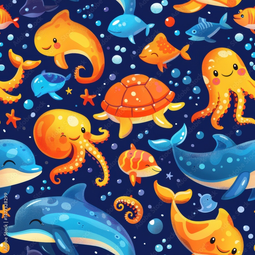 seamless pattern of cute cartoon fish, jellyfish, starfish, and sea plants, bright pastel colors, underwater world theme seamless pattern of cute cartoon fish, jellyfish, starfish, and sea plants, bright pastel colors, underwater world theme