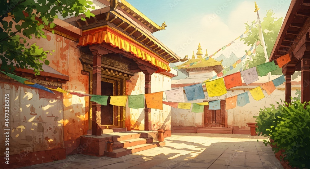 Naklejka premium Temple with Prayer Flags in Sunny Courtyard