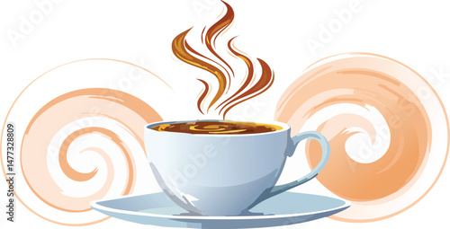 Steaming Coffee Cup with Abstract Smoke Swirls - Artistic Beverage Vector - Minimalist Morning Ritual - Contemporary Coffee Art - Isolated Hot Drink Illustration