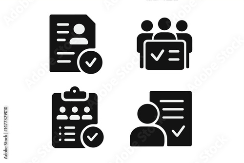 Vector icons representing document verification, group approval, checklist completion, and individual validation in organizational settings
