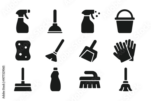 Collection of vector cleaning icons depicting various tools and supplies for efficient household cleaning tasks and maintenance activities