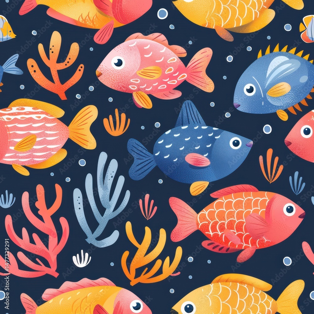 seamless pattern of cute cartoon fish, jellyfish, starfish, and sea plants, bright pastel colors, underwater world theme seamless pattern of cute cartoon fish, jellyfish, starfish, and sea plants, bright pastel colors, underwater world theme