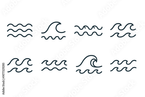 Vector icons depicting various wave patterns ideal for maritime themes and water-related designs