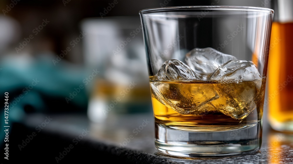 Close-up of whiskey glass with ice Close-up of whiskey glass with ice
