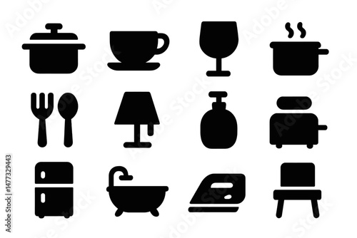 Vector icon set featuring essential household items for kitchen, dining, and living spaces in a minimalist design