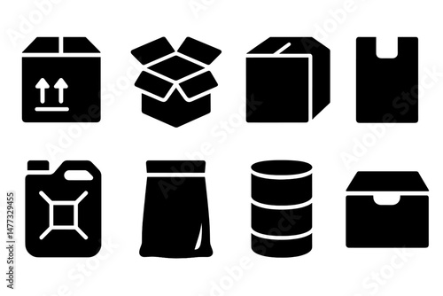 Vector icons representing various types of packaging and containers for logistical purposes in black and white colors