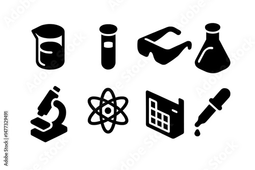 Vector icons representing laboratory equipment, scientific tools, and educational materials relevant to chemistry and biology concepts