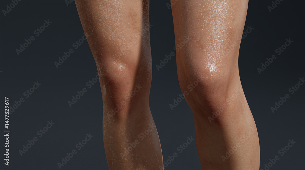 Fototapeta premium Young woman with cracked, uneven legs on a grey background.