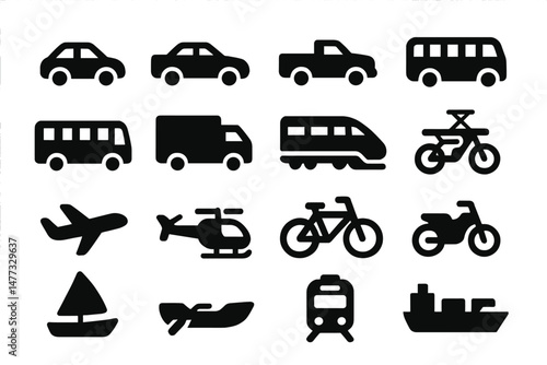 Diverse vector icons of transportation modes including vehicles, bikes, and boats in black silhouette