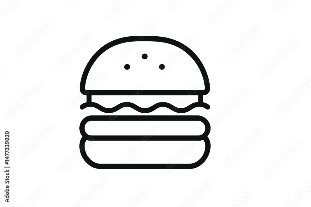 Vector icon illustrating a simple burger design featuring two patties, cheese, and sesame seed bun in minimalist style Vector icon illustrating a simple burger design featuring two patties, cheese, and sesame seed bun in minimalist style