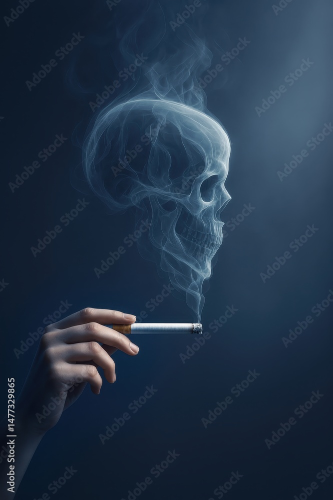 Obraz premium Hand holding a burning cigarette with smoke forming a skull on dark blue background. Smoking, tobacco, health hazard, addiction, anti-smoking concept. Image with copy space