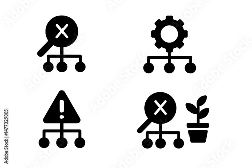 Vector icon collection depicting commonly used symbols for error, settings, caution, and growth