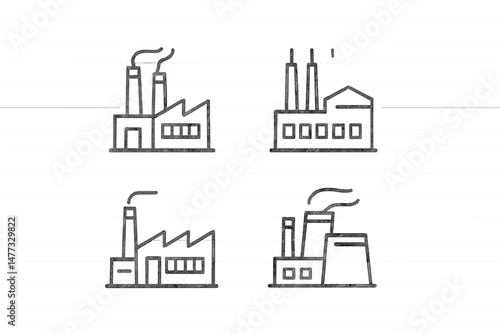 Vector icon collection of modern industrial factories with smokestacks and distinct architectural designs