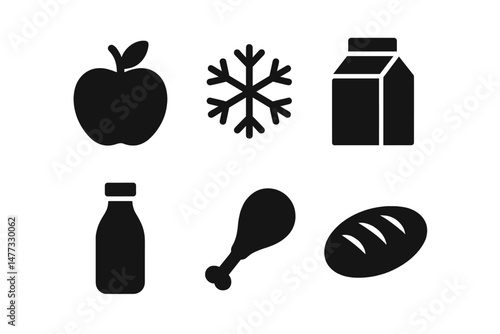 Vector icon collection of food items including fruits, dairy, and meats designed for various graphical applications