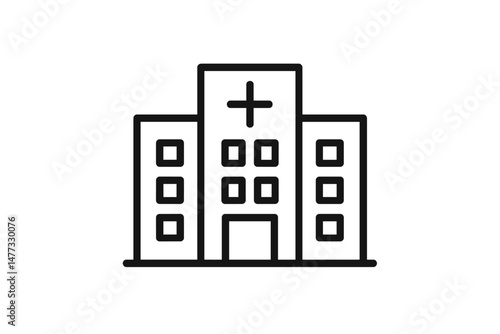 Vector icon representing a hospital building with a prominent cross symbol and multiple windows