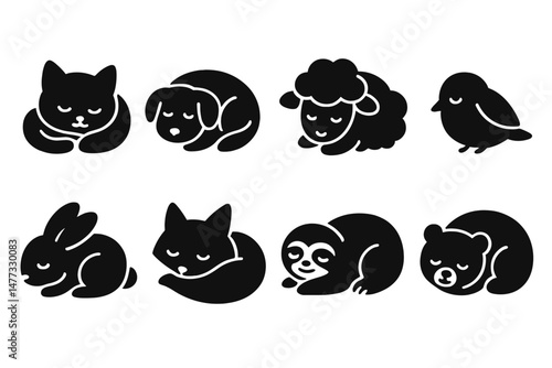 Collection of cute sleeping animal vector icons featuring a cat, dog, sheep, bird, rabbit, fox, sloth, and bear