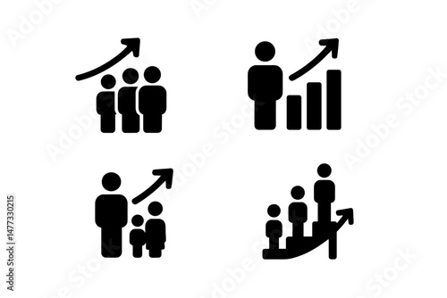 Vector icons representing growth in individuals and communities through various stages of development and achievement