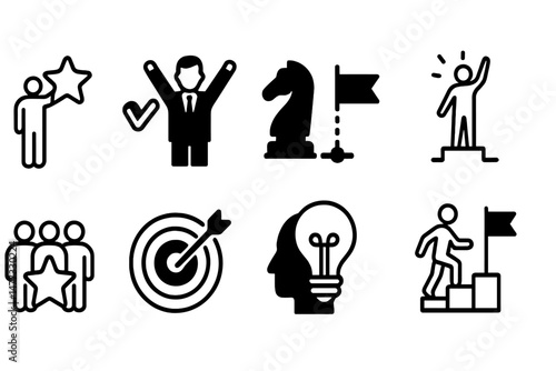 Vector icons representing achievement, strategy, teamwork, and innovation in a minimalist design for various applications