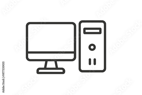 Vector icon representing a desktop computer setup with monitor and CPU for digital applications or technology illustrations